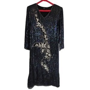 Jewel Queen Black Iridescent Sequin V Neck Long Sleeve Dress Small
